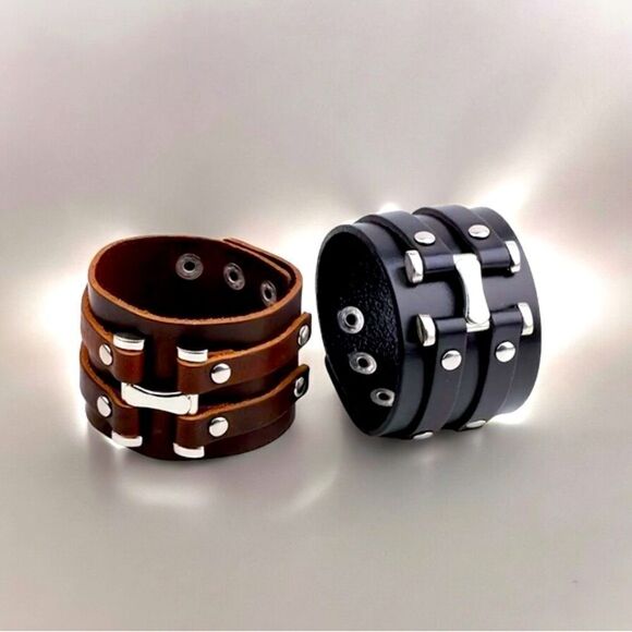 Men’s Accessories l Brown or Black Leather Bracelet, Wristband l Adjustable New - Picture 1 of 9